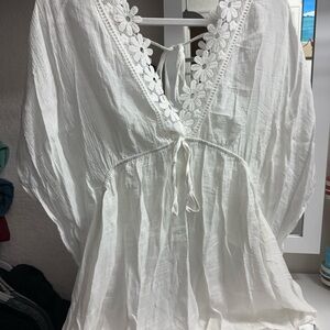 White Boho Short Swim Cover Up with Floral Lace